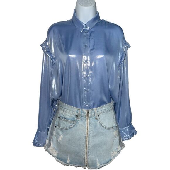 FREE PEOPLE Light Blue Oversized Ruffle Long Sleeve Holographic Shirtdress M. - Picture 5 of 5